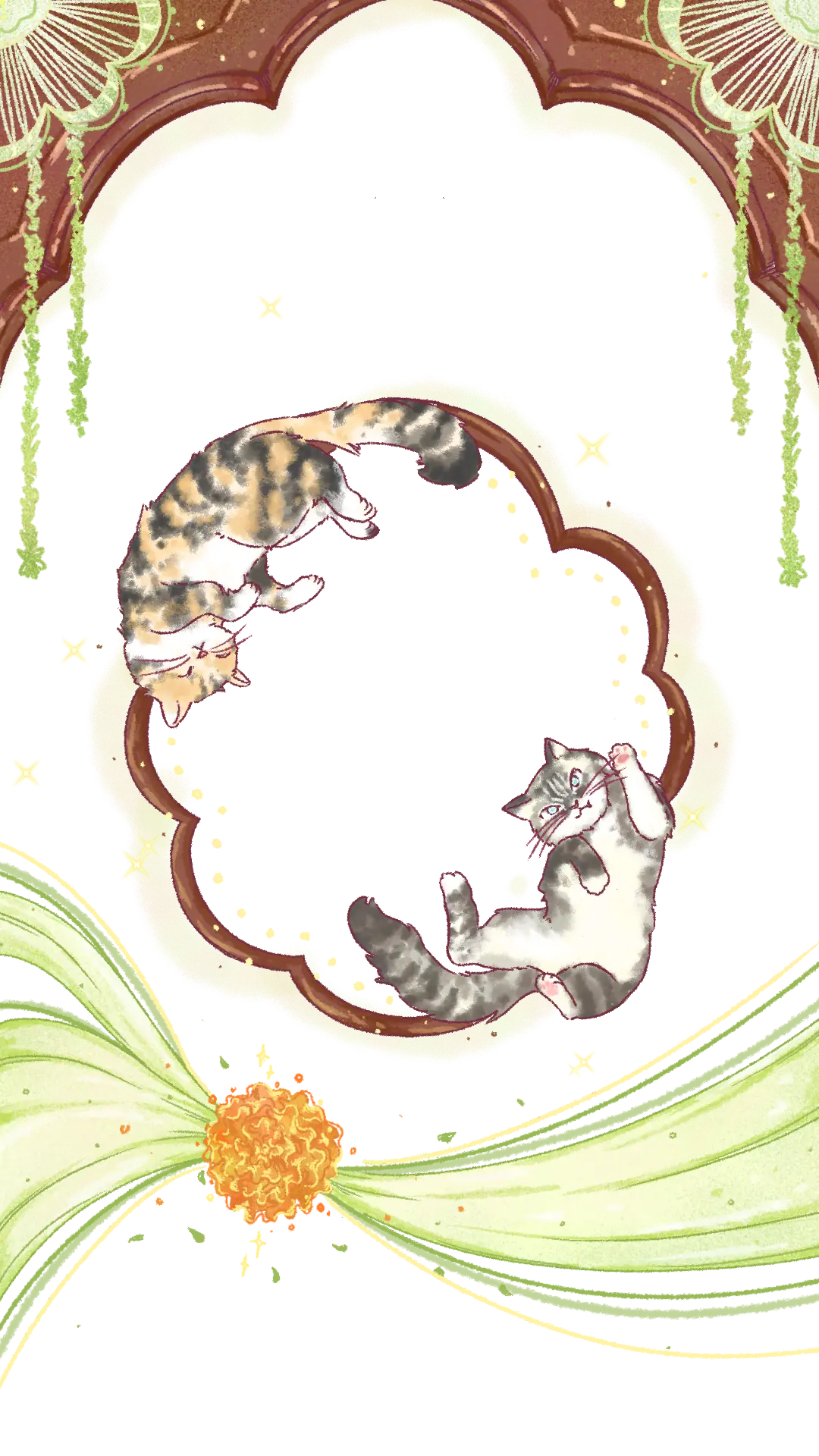 Ilustrasi dua kucing dan dekorasi pernikahan